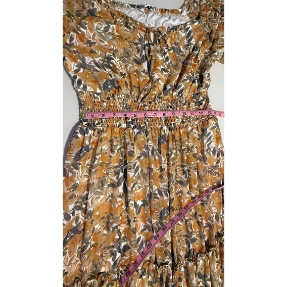 Baltic Born Floral Tiered Maxi Dress Gold Brown Smocked Puff Sleeve Size M NWT - Picture 8 of 9